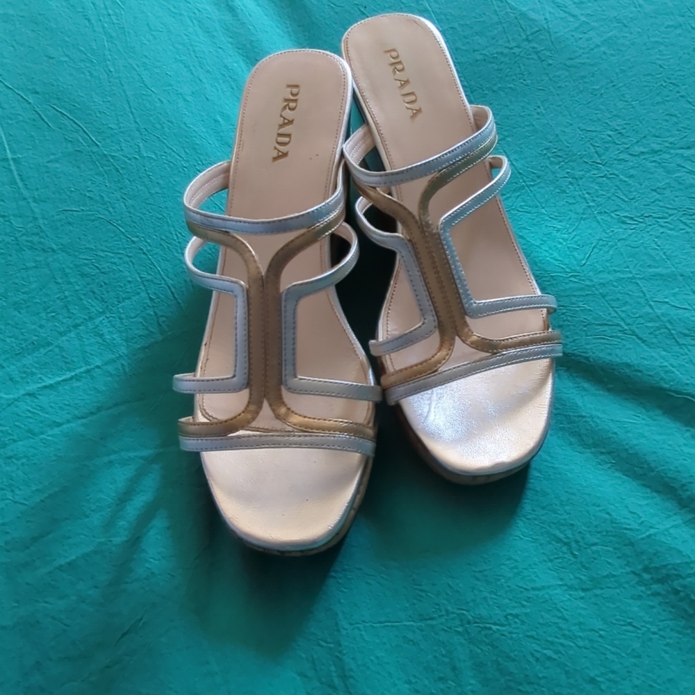 Prada Silver and Gold 38.5 Wedge Sandals Barely Worn